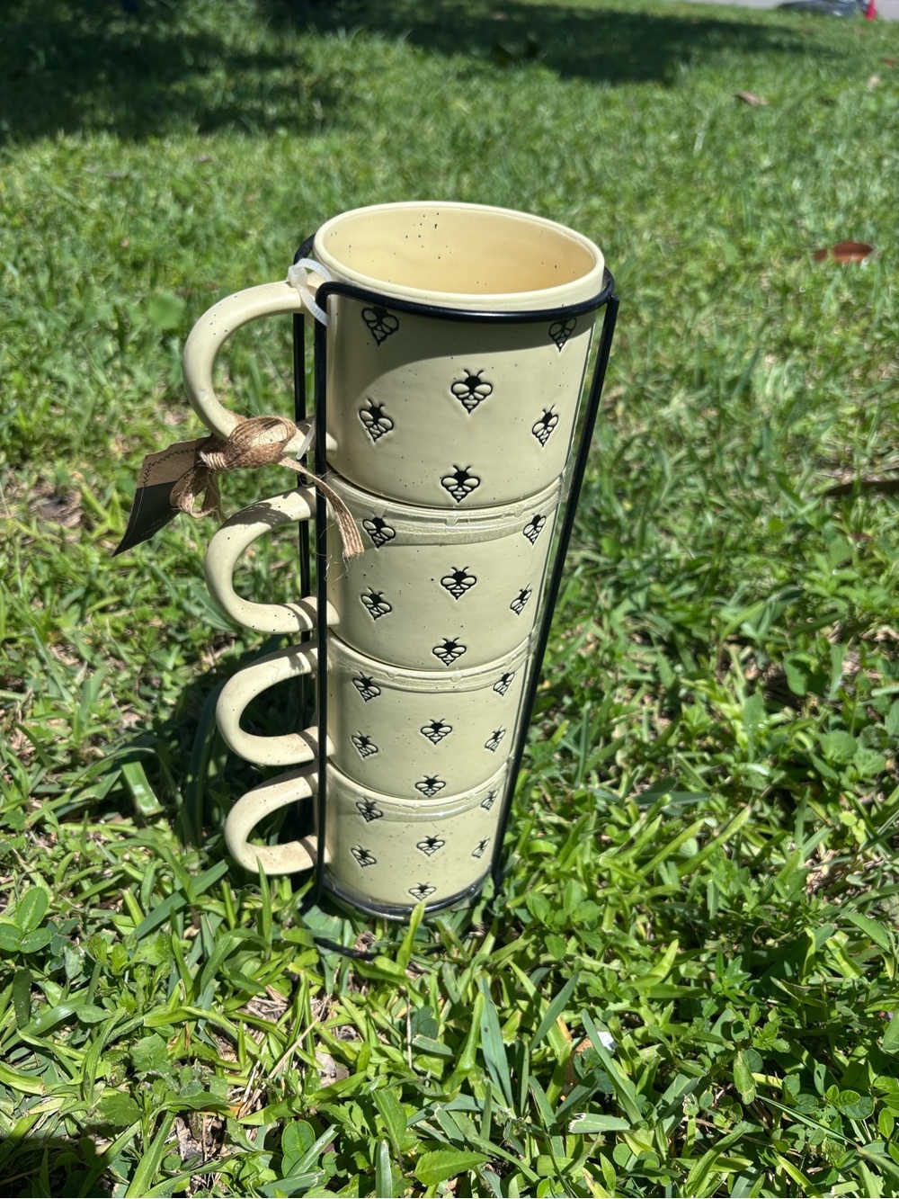 Yellow Ceramic Stackable Mug Set with Metal Rack - Picture 4 of 7
